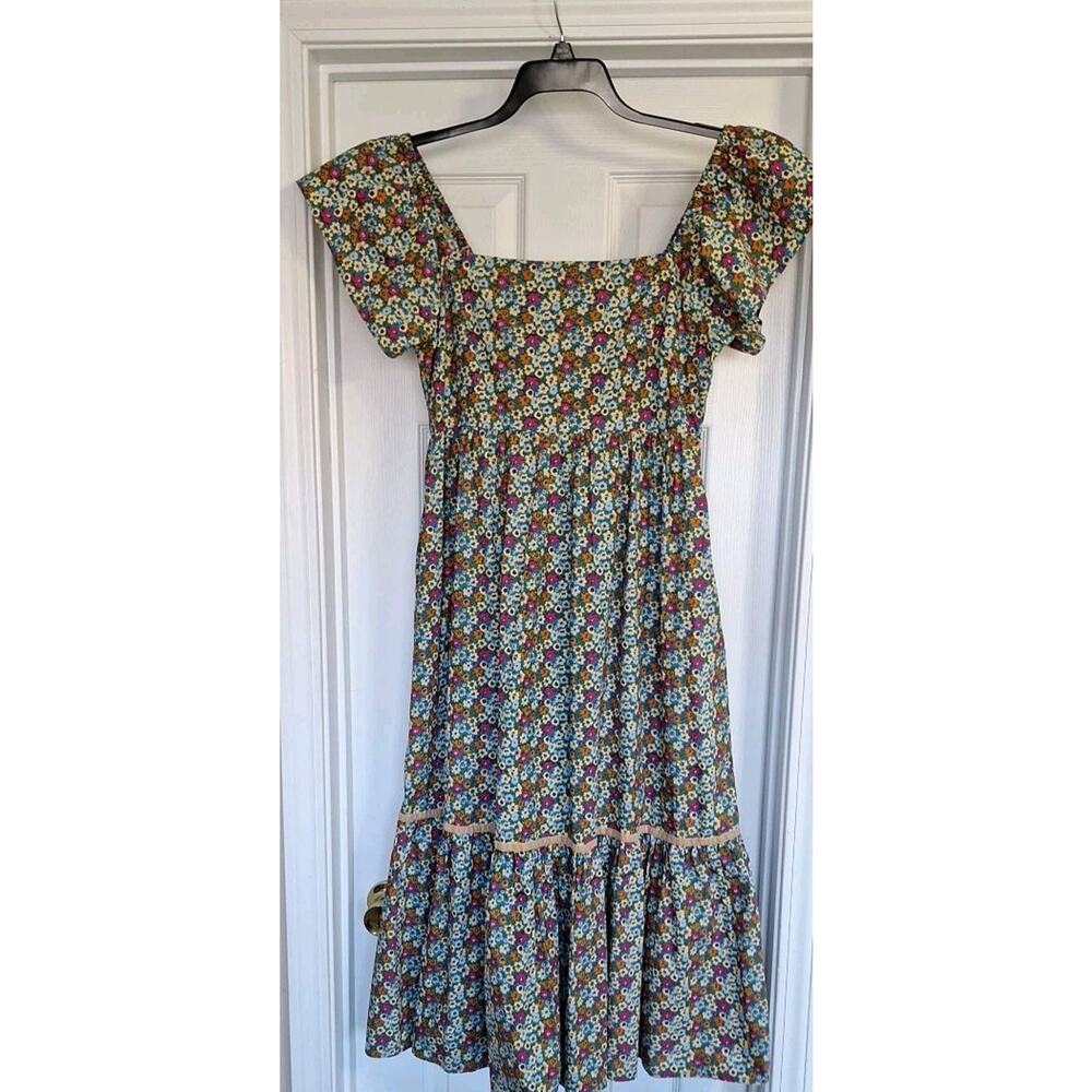 Olivia James The Label Square Neck Smocked Midi Dress Floral Size L With Pockets